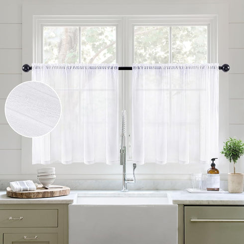 MIULEE White Sheer Curtains - 24 Inch Length Linen Textured Kitchen Window Curtains Over Sink, 2 Panels for Light