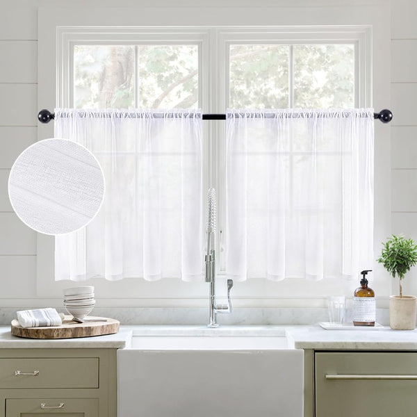 MIULEE White Sheer Curtains - 24 Inch Length Linen Textured Kitchen Window Curtains Over Sink, 2 Panels for Light
