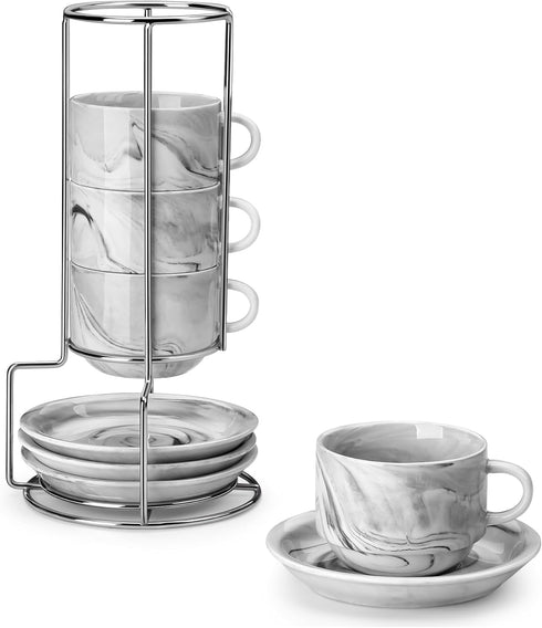 MALACASA 4 OZ Porcelain Espresso Cups with Saucers and Metal Stand Set