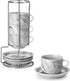 MALACASA 4 OZ Porcelain Espresso Cups with Saucers and Metal Stand Set