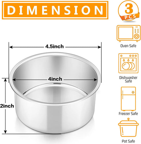 P&P CHEF 4 Inch Round Cake Pan Set - 3 Stainless Steel Round Baking Layer Pans for Layer Birthday Cake, Dishwasher Safe