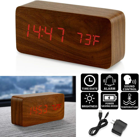 OCT17 Wooden Digital Alarm Clock, Multi-Function Smart Alarm Clock with USB Power Supply, Brown