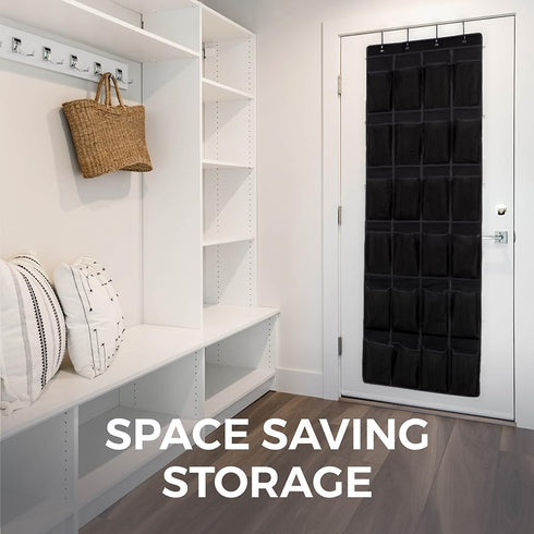 HOME GENIE Over the Door Hanging Shoe Organizer, 2 Pack - 24 Breathable Mesh Pockets, Black Closet Rack Storage