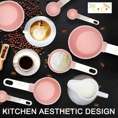 Measuring Cups and Spoons Set of 8pcs - Cute Pink Stainless Steel Handle, XGiGiX Plastic Measure Spoon and Cup Set