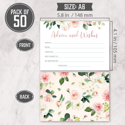 Set of 50 Double Sided Floral Advice and Wishes Cards for Bridal Shower, Baby Shower, Wedding, Graduation, and