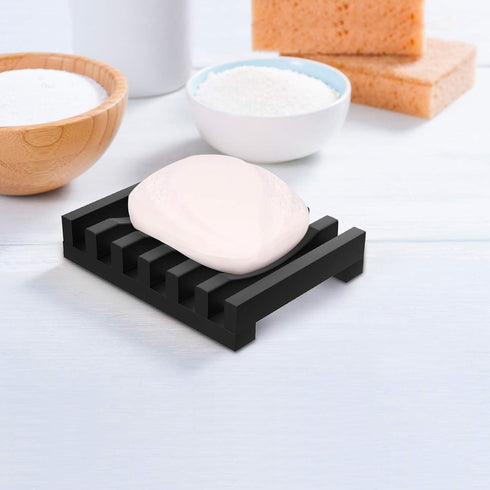 2Pcs Soap Dish Holder - Non-Slip Silicone Bathroom Accessories for Soap, Sponges, Scrubber (Black)