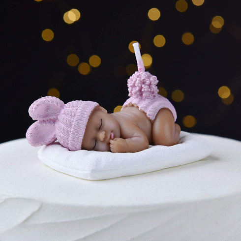 Brown Birthday Candle Sleeping Baby Cake Topper for Party, Baby Shower, Wedding (Pink)