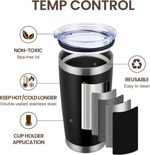 MEWAY 20oz Double Wall Vacuum Insulated Travel Mug, Stainless Steel Tumbler with Lid and Straw, Black