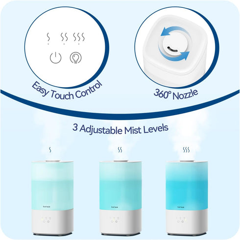 LasVacde 2.5L 30H 28dB Humidifiers for Bedroom, Top Fill Cool Mist Humidifiers for Large Room, Easy to Fill & Clean
