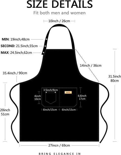 Adjustable Button Apron for Women Men, Artist Painting Pottery Garden Cooking Kitchen Chef with 3 Pockets