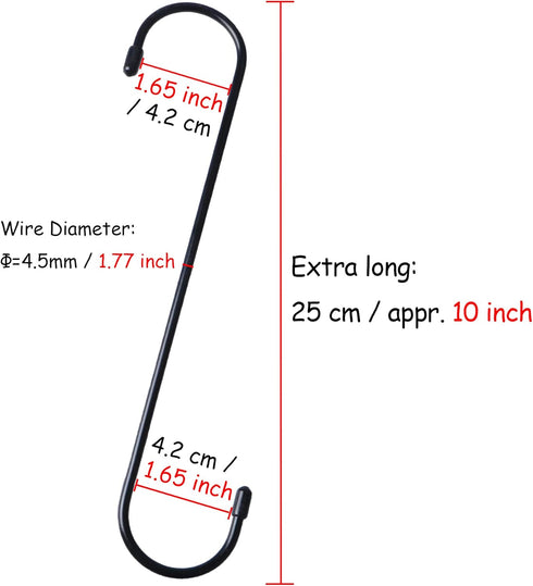 YourGift 6 Pack Heavy Duty S Hooks, 10 Inch Extra Long for Hanging Plant, Closet, Flower, Garden, Patio, Bird Feeder