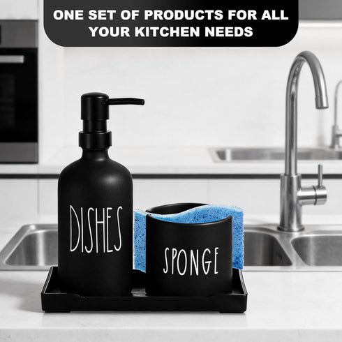 Set 3 1 Countertop Dish Soap Dispenser for Kitchen, Glass Dish Soap Dispenser with Sponge Holder, Black Dispenser
