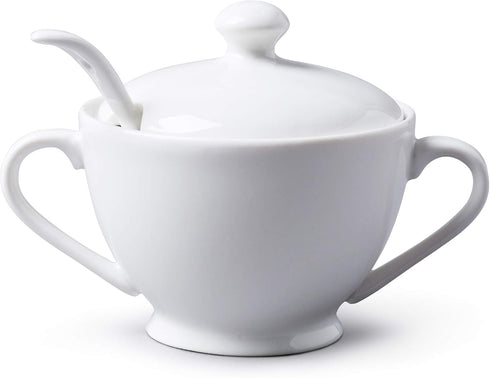 WM Bartleet & Sons 1750 Traditional Porcelain Sugar Bowl with Lid & Spoon, White