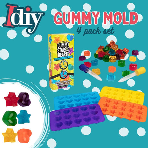 Star & Heart Silicone Gummy Candy Molds, 4 Pack Set - XL Nonstick Trays with 2 Droppers for Chocolate, Ice Cubes,