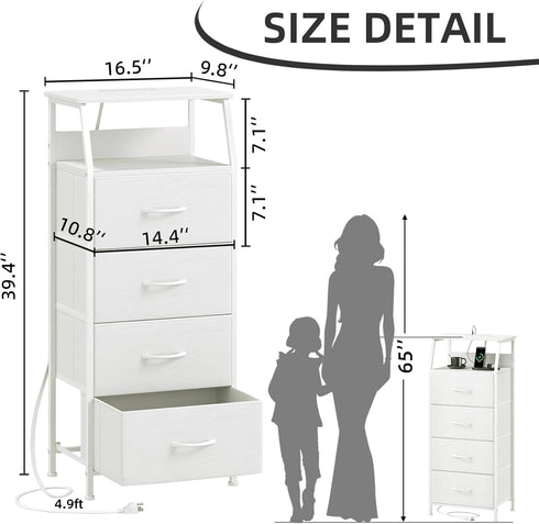 4 Closet Somdot White Nightstand with Charging Station and LED Light for Bedroom, Tall Drawers Dresser with Fabric Bins