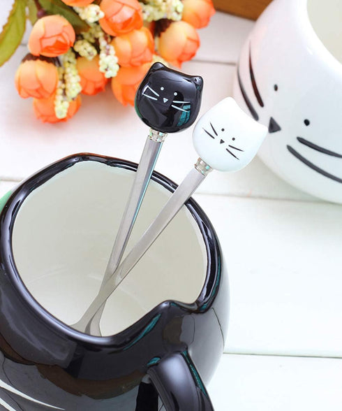 Honbay 2PCS Cute Cat Spoon - Stainless Steel Tea Spoon for Cat Mug, Black and White
