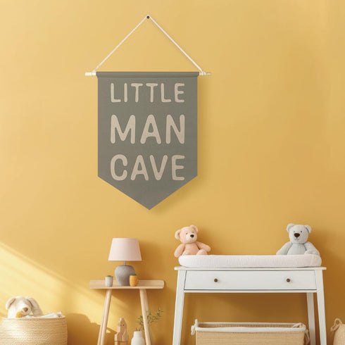 Qpenm Little Man Cave Hanging Wall Canvas Banner, Kids Playroom Hanging Pennant Flag Prints, Nursery Boy Wall Decor