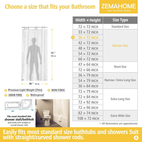 Narrow Size Clear Plastic Shower Curtain Liner, 36x72 Inch Lightweight Transparent Bathroom Curtain
