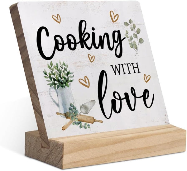 Cooking with Love Wood Plaque, Rustic Kitchen Sign Desk Decor for Home Kitchen Table Shelf Decoration