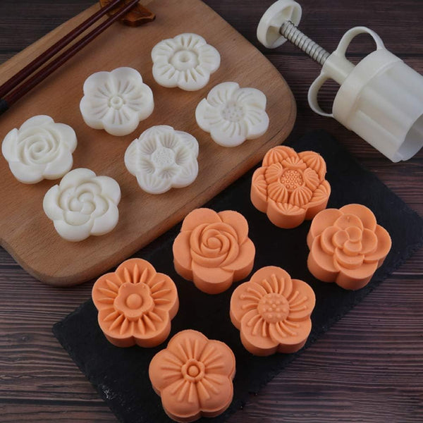 Cookie Stamp 6pcs 75g Moon Cake Mold Set, Adjustable Thickness DIY Hand Press Cookie Cutter for Mid Autumn Festival