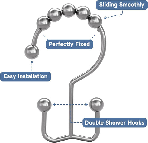 Titanker Shower Curtain Hooks Rings, Rust-Resistant Metal Double Glide Hooks for Bathroom Shower Rods (Set of 12)