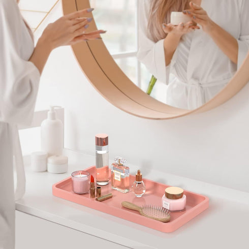 Bamboo Bathroom Vanity Tray for Countertop, Decorative Wood Tray for Dresser Tops and Home Decoration, Pink