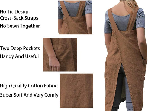 Women's Cross Back Pinafore Apron with Pockets, Cotton Linen Dress, Plus Size