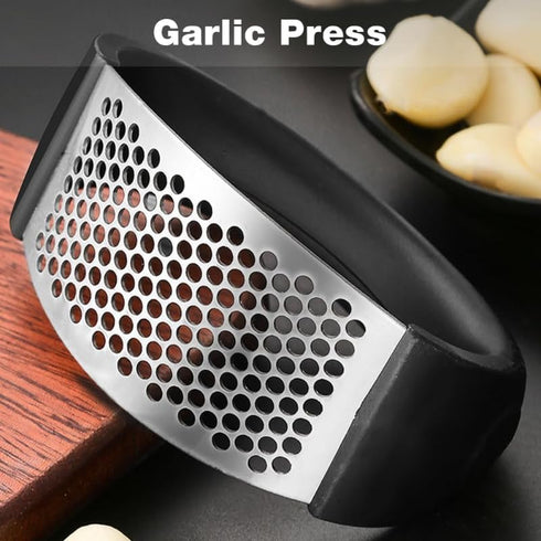 Garlic Press Rocker, Portable Manual Stainless Steel Garlic Press Rocker Crusher Masher with Garlic Peeling Drum