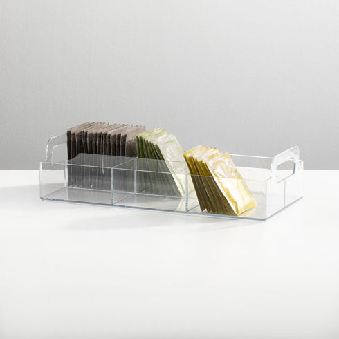 mDesign Compact Plastic Tea Storage Organizer Caddy - 6 Divided Sections with Built-in Handles - Clear Lumiere