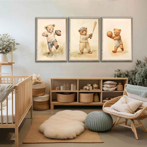 3Pcs Teddy Bear Sports Nursery Animal Canvas Wall Art Cute Woodland Baby Bear Rugby Wall Decor Pictures Football