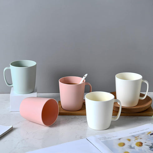 Set of 5 Coffee Mugs - 10 Ounce Unbreakable Plastic Cups with Handle, 3 Basic Colors, Dishwasher Safe