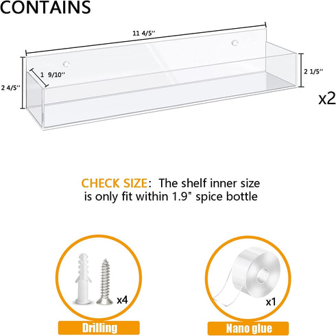 VAEHOLD Adhesive Acrylic Spice Rack with Nano Double Sided Tape, Wall Mount Organizer for Kitchen Cabinet Door - 2 Pack