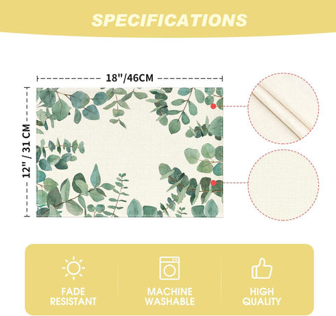 Artoid Mode Eucalyptus Leaves Summer Placemats for Dining Table, 12 x 18 Inch Set of 4 Green Rustic Vintage Washable