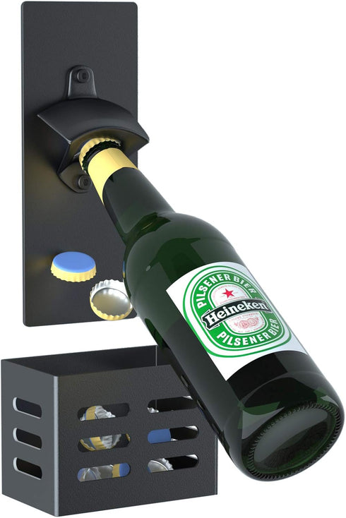 Magnetic Bottle Opener with Cap Catcher, Removable Wall Mounted Beer Opener for Kitchen Fridge (Black)