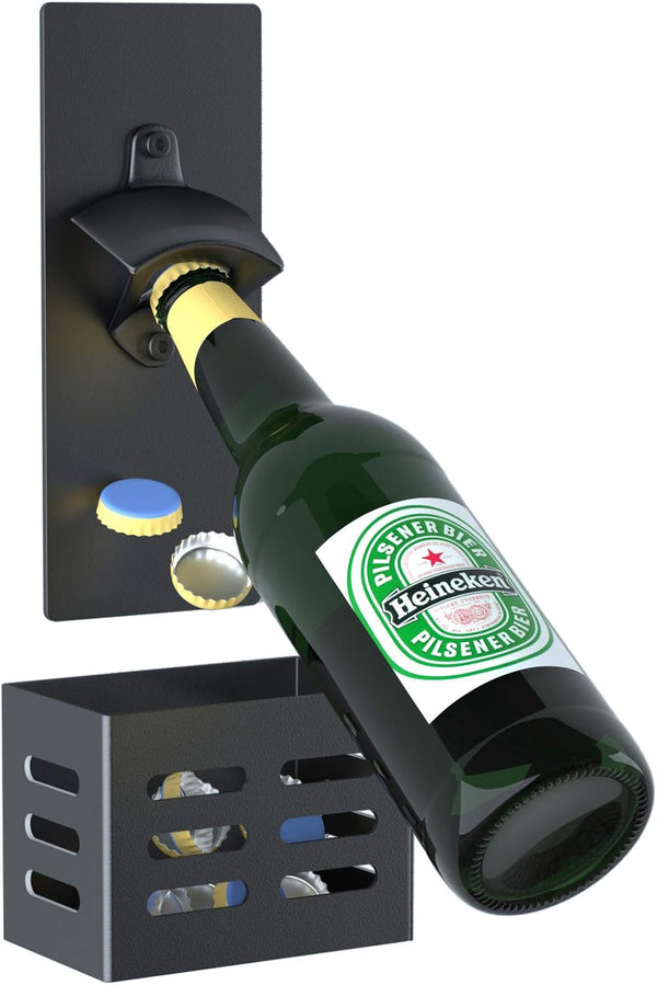 Magnetic Bottle Opener with Cap Catcher, Removable Wall Mounted Beer Opener for Kitchen Fridge (Black)