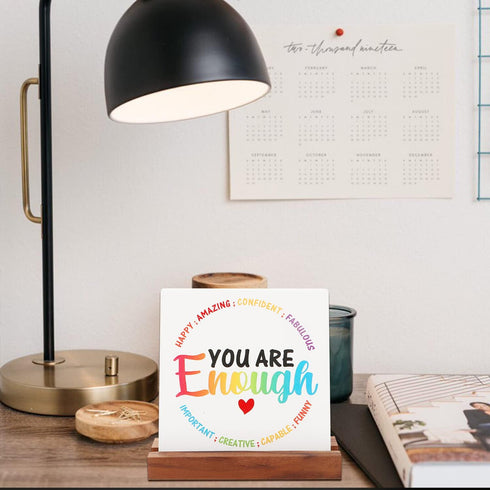 LHIUEM You are Enough Motivational Desk Decor, Rainbow Inspirational Sign with Wood Stand (4”x 4“)