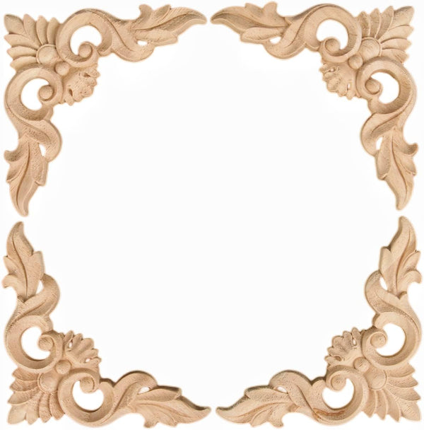 MUXSAM 4Pcs Wood Carved Appliques Onlays, Unpainted Flower Corners Decals for DIY Artwork Project, 15x15cm/5.9"x5.9"