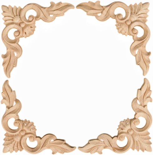 MUXSAM 4Pcs Unpainted Wood Carved Appliques Onlays - Little Wooden Corners Flower Carvings for Mirrors, Cabinets,