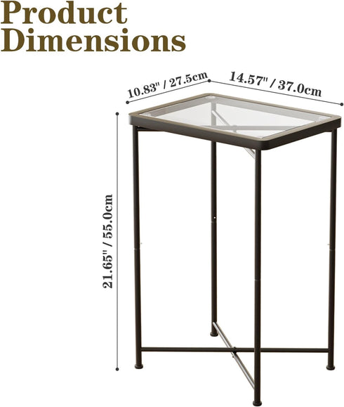4 Garden you Small Side Table, Glass End Table, Outdoor Side Table with Metal Frame, Mini Bedside Table for Living