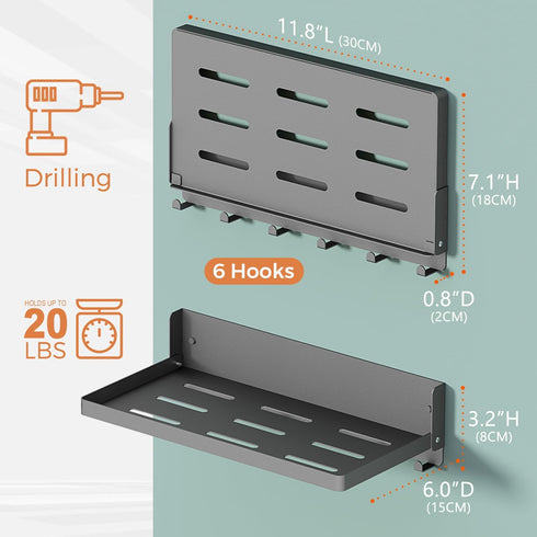 6 Black11.8", 1 Pack Small Folding Metal Shelf with Hooks, Fold-up Wall Shelf, Hooks, Drop Down Floating Shelf
