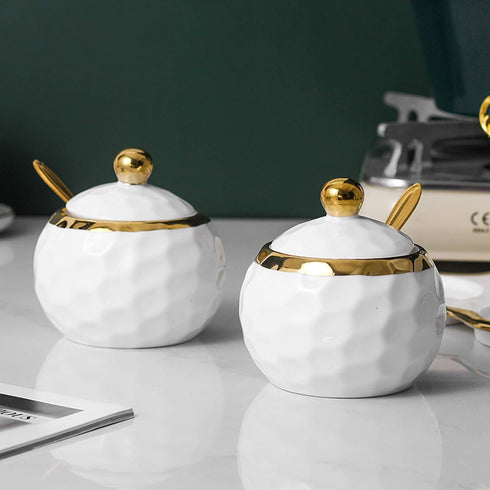Golf Porcelain Sugar Bowl Condiment Pot, Salt Container with Lid, Spoon and Tray, Set of 3, Modern Spice Box Seasoning