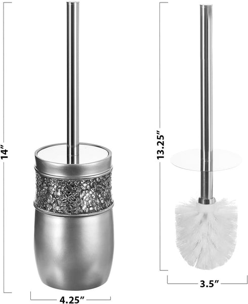 Creative Scents Crackled Glass Toilet Brush with Holder - Silver Toilet Bowl Cleaner Brush and Holder - Good Grip, Deep