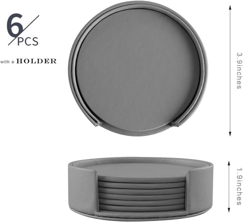 6 Pieces Grey Coasters for Drinks with Holder, Round Cup Mat Pad Protects Furniture from Coffee or Tea Marks