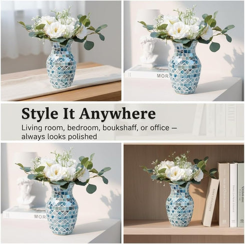 8 Inch Blue Vases for Home Decor, Light Blue Mosaic Vase, Decorative Glass Flower Vases for Centerpieces Living Room