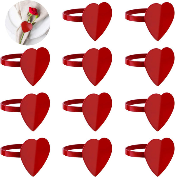 FEPITO 12Pcs Valentine's Day Heart Napkin Rings - Red Heart Napkin Holders for Table Decorations, Party, Wedding,