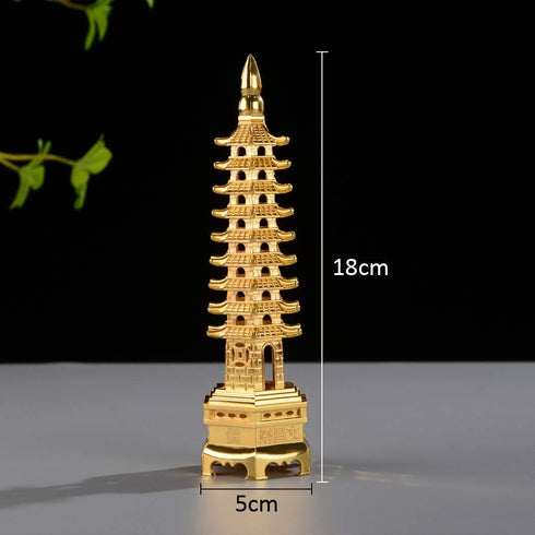 BRABUD 7'' Alloy Fengshui 9 Level Pagoda Wenchang Tower Statue, Protection Business Rises Desk Decor, Golden Color