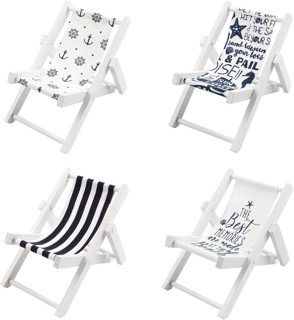 Meching 4 PCS Beach Miniature Furniture Decoration, Mini Wooden Folding Beach Chair Sunbath