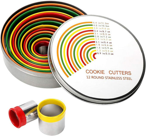 Alimat PluS Round Cookie Biscuit Cutter Set, 12 Pack Stainless Steel Pastry Cutters for Donut, Dough, Fondant