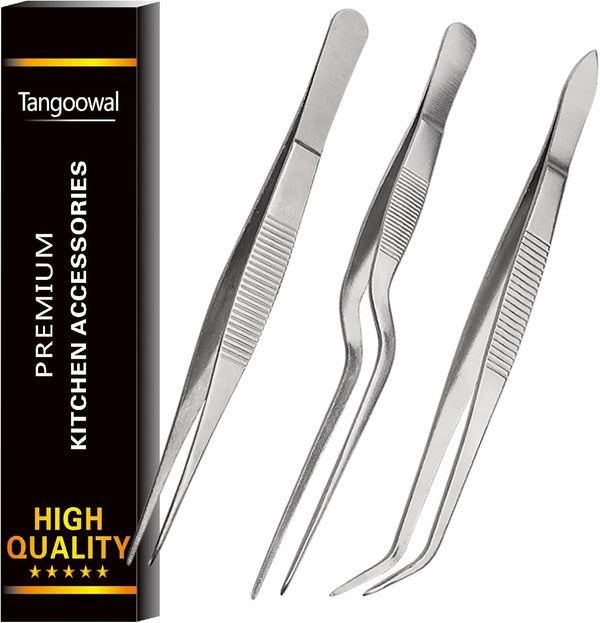 Kitchen Cooking Tweezers Culinary, 3 Piece Set Stainless Steel Precision Tongs with Offset Tip for Food Design Styling