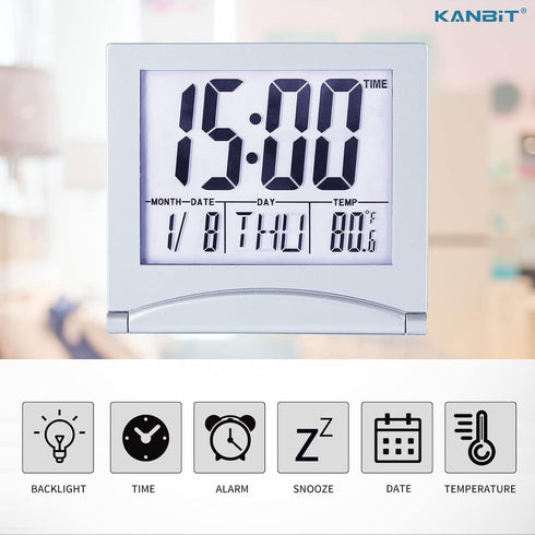 Small Digital Travel Alarm Clock, Battery Operated with Large Number Display and Night Backlight (Silver)